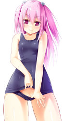 Rule 34 | 1girl, bare shoulders, eyebrows, flat chest, flower, from below, hair flower, hair ornament, highres, long hair, looking at viewer, one-piece swimsuit, original, peragura, pink eyes, pink hair, school swimsuit, school swimsuit flap, simple background, smile, solo, standing, swimsuit, twintails, two side up, white background
