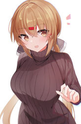 Rule 34 | 1girl, alternate costume, black bow, black sweater, blush, bow, breasts, brown eyes, brown hair, fathom, hair between eyes, hair bow, hair ornament, hairclip, highres, kantai collection, large breasts, long hair, long sleeves, looking at viewer, low twintails, open mouth, ribbed sweater, simple background, smile, solo, sweater, tashkent (kancolle), turtleneck, turtleneck sweater, twintails, upper body, white background