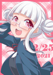 Rule 34 | 1girl, absurdres, arashi chisato, bangs, birthday, blush, breasts, bunji, commentary, dated, double bun, glasses, hair bun, highres, long hair, looking at viewer, love live!, love live! superstar!!, pink background, red eyes, school uniform, semi-rimless eyewear, signature, single sidelock, small breasts, smile, solo, under-rim eyewear, upper body, white-framed eyewear, white hair, yuigaoka school uniform