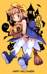 Rule 34 | 1girl, broom, child, female focus, full body, halloween, looking at viewer, marron queen, smile, solo, tagme, thighhighs, yu 3
