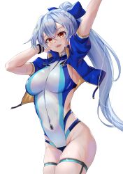 Rule 34 | 1girl, absurdres, arm up, blue bow, blue jacket, blue one-piece swimsuit, blush, bow, breasts, fate/grand order, fate (series), groin, hair between eyes, hair bow, highleg, highleg swimsuit, highres, jacket, large breasts, long hair, looking at viewer, multicolored clothes, multicolored swimsuit, one-piece swimsuit, open clothes, open jacket, open mouth, outstretched arm, ponytail, red eyes, short sleeves, sideboob, simple background, skindentation, smile, solo, swimsuit, thigh strap, thighs, tomoe gozen (fate), tomoe gozen (swimsuit saber) (fate), tomoe gozen (swimsuit saber) (first ascension) (fate), turtleneck, turtleneck one-piece swimsuit, two-tone swimsuit, wet, wet clothes, wet swimsuit, white background, white hair, white one-piece swimsuit, yahan (mctr5253)