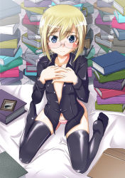 Rule 34 | 1girl, black thighhighs, blonde hair, blue eyes, blush, book, glasses, highres, navel, panties, short hair, solo, strike witches, strike witches: suomus misfits squadron, thighhighs, unbuttoned, underwear, ursula hartmann, world witches series, yuusawa nozomu