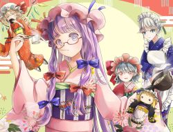 Rule 34 | 4girls, :d, ^ ^, blue eyes, blush, character doll, chopsticks, closed eyes, crystal, drinking, eating, closed eyes, flandre scarlet, floral print, flying, food, hat, holding, holding chopsticks, izayoi sakuya, japanese clothes, kimono, kirisame marisa, long hair, maid headdress, mob cap, mochi, mochi trail, multiple girls, obi, open mouth, patchouli knowledge, pink eyes, poteimo (poteimo622), purple eyes, purple hair, remilia scarlet, sash, simple background, smile, touhou, very long hair, wings, witch hat
