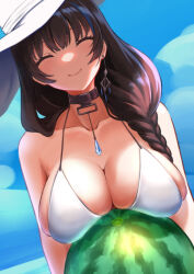 Rule 34 | 1girl, asymmetrical hair, beach, belt collar, bikini, black hair, blue flower, blue sky, blurry, braid, braided ponytail, breasts, cleavage, closed eyes, closed mouth, collar, day, flower, food, fruit, goddess of victory: nikke, hair over shoulder, hat, highres, holding, holding food, jewelry, large breasts, long hair, mary (bay goddess) (nikke), mary (nikke), necklace, official alternate costume, outdoors, sayu mypace, sky, smile, solo, sun hat, swimsuit, watermelon, white bikini, white hat