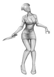 Rule 34 | 1girl, artist request, breasts, bubble head nurse, cleavage, faceless, faceless female, gloves, greyscale, hat, highres, holding, holding knife, holding weapon, knife, large breasts, monochrome, monster girl, no eyes, nurse, nurse (silent hill), nurse cap, shiny skin, silent hill, silent hill (series), silent hill 2, simple background, solo, weapon, white gloves