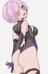 Rule 34 | 1girl, arms behind back, ass, black leotard, black thighhighs, blush, breasts, chigasaki yukari, elbow gloves, fate/grand order, fate (series), from behind, gloves, hair over one eye, head tilt, highres, large breasts, leotard, mash kyrielight, open mouth, pink hair, purple eyes, short hair, simple background, solo, thighhighs