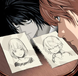 Rule 34 | 00s, 2boys, bags under eyes, black hair, bob cut, brown hair, death note, drawing, l (death note), lowres, male focus, mello (death note), multiple boys, near (death note), yagami light