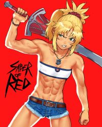 Rule 34 | 1girl, abs, bare shoulders, belt, biceps, blonde hair, blue shorts, breasts, brown belt, cessa, character name, clarent (fate), cowboy shot, fate/apocrypha, fate (series), green eyes, hair ornament, hair scrunchie, holding, holding sword, holding weapon, jewelry, long hair, mordred (fate), mordred (fate/apocrypha), mordred (memories at trifas) (fate), muscular, muscular female, necklace, parted bangs, ponytail, red background, red scrunchie, scrunchie, shorts, simple background, small breasts, solo, strapless, sword, tube top, veins, weapon