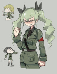 Rule 34 | 3girls, anchovy (girls und panzer), anzio military uniform, black hair, black necktie, black ribbon, blonde hair, breasts, carpaccio (girls und panzer), clenched hands, closed eyes, cropped legs, drill hair, empty eyes, girls und panzer, green hair, grey background, grin, hair between eyes, hair ribbon, highres, holding, long hair, long sleeves, military, military uniform, multiple girls, necktie, pepperoni (girls und panzer), ribbon, short hair, simple background, sketch, small breasts, smile, tirarizun, twin drills, twintails, uniform