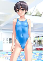 Rule 34 | 1girl, absurdres, black hair, blue one-piece swimsuit, breasts, brown eyes, cameltoe, commentary request, competition swimsuit, covered navel, cowboy shot, highleg, highleg swimsuit, highres, indoors, lane line, one-piece swimsuit, original, parted lips, pool, short hair, small breasts, solo, standing, string of flags, swimsuit, takafumi, tomboy, variant set