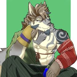 Rule 34 | 1boy, abs, animal ears, bara, bare pectorals, beige fur, brown hair, elbow rest, facial hair, fang, feet out of frame, furry, furry male, goatee, green kimono, green pants, hadanugi dousa, hair between eyes, hakama, hakama pants, japanese clothes, kimono, looking to the side, male focus, mature male, medium hair, mizunabe, muscular, muscular male, open clothes, open kimono, pants, pectorals, shoulder tattoo, single bare shoulder, smile, solo, spread legs, stomach, tattoo, temujin (housamo), tokyo houkago summoners, wolf boy, wolf ears