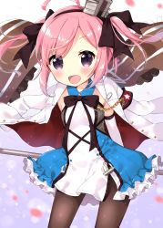 Rule 34 | 1girl, :d, anchor, arms behind back, azur lane, black pantyhose, blush, bow, bowtie, breasts, brown bow, brown bowtie, brown hairband, brown ribbon, commentary request, detached sleeves, dress, frilled dress, frills, hair bow, hair ribbon, hairband, highres, jacket, jacket on shoulders, looking at viewer, medium breasts, open clothes, open jacket, open mouth, pantyhose, petals, pink hair, purple eyes, ribbon, saratoga (azur lane), sidelocks, sleeveless, sleeveless dress, smile, solo, twintails, uchuuneko, white background, white jacket