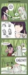 Rule 34 | 2girls, 4koma, alternate language, bamboo, black hair, blade, blood, bow, comic, english text, failure, female focus, fleeing, fujiwara no mokou, hair bow, hard-translated, headless, highres, holding, houraisan kaguya, juliet sleeves, long hair, long sleeves, multiple girls, o o, open mouth, outdoors, pants, pointing, pointing up, puffy sleeves, rexlent, ribbon, skirt, square mouth, stab, suspenders, third-party edit, touhou, translated, very long hair, white hair, wide sleeves, yellow eyes