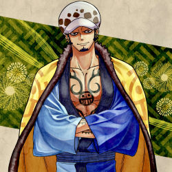 Rule 34 | 1boy, black hair, blue kimono, chest tattoo, commentary request, crossed arms, facial hair, feet out of frame, goatee, hands in opposite sleeves, haori, highres, jaguar print, japanese clothes, kimono, long sideburns, looking at viewer, male focus, one piece, pectoral cleavage, pectorals, short hair, sideburns, smile, solo, tattoo, toned, toned male, toyoura (23066494), trafalgar law