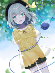 1girl :d absurdres arms_behind_back commentary_request day dress dutch_angle eyeball feet_out_of_frame green_eyes green_hair hat heart heart_of_string highres komeiji_koishi looking_at_viewer minatsuki_yurara open_mouth outdoors shorts sky smile solo standing third_eye touhou yellow_dress