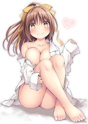 Rule 34 | 1girl, absurdres, areola slip, barefoot, blush, bow, breasts, brown eyes, brown hair, cleavage, collarbone, dress shirt, feet, hair between eyes, hair bow, heart, highres, knees up, kuromayu, large breasts, legs, long hair, long sleeves, looking at viewer, naked shirt, off shoulder, open clothes, open shirt, orange bow, original, ponytail, shirt, simple background, sitting, sleeves past wrists, smile, solo, toenails, toes, white background, white shirt