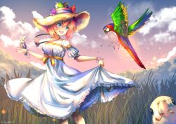 Rule 34 | 1girl, :d, animal, animal on head, artist name, bare shoulders, bird, bird on hand, bird on head, blue eyes, camera, camera around neck, cloud, commentary, detached sleeves, doki doki literature club, dress, english commentary, grass, hair between eyes, hat, on head, open mouth, outdoors, parrot, pink hair, puffy detached sleeves, puffy sleeves, sayori (doki doki literature club), short hair, skirt hold, smile, solo, sun hat, takuyarawr, white dress, worm