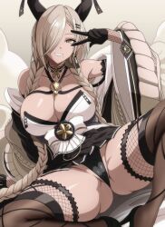 Rule 34 | 1girl, azur lane, braid, breasts, cameltoe, fishnets, gloves, hair ornament, hair over one eye, hairclip, horns, large breasts, light brown hair, long hair, looking at viewer, makiri akira, miniskirt, mole, mole under mouth, owari (azur lane), panties, simple background, skirt, solo, spread legs, thick thighs, thighhighs, thighs, underwear, v, very long hair