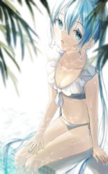 Rule 34 | 1girl, absurdres, aqua eyes, aqua hair, aqua nails, collarbone, collared bikini, commentary, flat chest, from above, front-tie top, hand on own thigh, hatsune miku, highres, huge filesize, lips, long hair, looking at viewer, nail polish, palm leaf, parted lips, poolside, potate, soaking feet, solo, swimsuit, twintails, very long hair, vocaloid