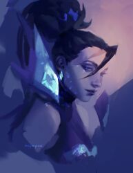 Rule 34 | 1girl, aina (mayexplode), black hair, close-up, closed mouth, crop top, cropped torso, detached wings, highres, k/da all out kai&#039;sa, kai&#039;sa, league of legends, looking at viewer, ponytail, solo, wings