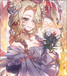 Rule 34 | 1girl, absurdres, amane uta, blonde hair, blue eyes, blush, braid, breasts, brown hair, cleavage, collarbone, dated, dress, earrings, eien project, eyelashes, flower, frills, gem, gradient hair, grey dress, grey nails, hair flower, hair ornament, happy birthday, head wings, highres, holding, holding flower, jewelry, long hair, multicolored hair, necklace, parted lips, pink flower, red gemstone, skye shinryu, solo, strapless, strapless dress, upper body, virtual youtuber, white flower, wings, yellow flower