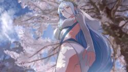 Rule 34 | 1girl, ahonoko, azura (fire emblem), blue hair, blue sky, breasts, cherry blossoms, closed mouth, clothing cutout, cloud, commentary request, day, detached sleeves, dress, elbow gloves, fingerless gloves, fire emblem, fire emblem fates, gloves, hair between eyes, highres, long hair, medium breasts, nintendo, outdoors, panties, sky, solo, tree, underwear, veil, very long hair, white dress, white gloves, white panties, yellow eyes