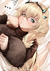 Rule 34 | 1girl, barghest (fate), bed, blonde hair, blue eyes, breasts, heterochromia, large breasts, red eyes, sweater