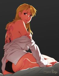 Rule 34 | 1girl, artist name, ass, back tattoo, backlighting, barefoot, black panties, blonde hair, blouse, dutch angle, earrings, feet, feguimel, from behind, fullmetal alchemist, grey background, jewelry, lips, long hair, long sleeves, looking back, no bra, no pants, off shoulder, panties, riza hawkeye, shirt, simple background, sleeves past wrists, soles, solo, tattoo, underwear, white shirt
