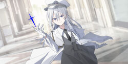 Rule 34 | 1girl, black necktie, blue eyes, blurry, blurry background, chihuri, closed mouth, collared shirt, commentary request, depth of field, ende (chihuri), gloves, grey hair, grey skirt, grey vest, hair between eyes, hand up, hat, highres, indoors, jacket, long hair, long sleeves, looking at viewer, necktie, open clothes, open jacket, original, peaked cap, puffy long sleeves, puffy sleeves, shirt, skirt, smile, solo, very long hair, vest, white gloves, white hat, white jacket, white shirt
