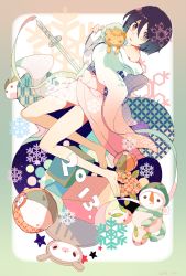 10s 1girl 2013 ball bare_shoulders black_hair bleach female_focus flower hug japanese_clothes kimono kuchiki_rukia legs looking_at_viewer short_hair smile snow_rabbit snowman solo souno_kazuki star_(symbol) stuffed_animal stuffed_toy sword umbrella weapon