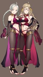 Rule 34 | 2girls, absurdres, ahoge, alternate costume, bare shoulders, bbk (13zk), blonde hair, breasts, commission, commissioner upload, cosplay, dancer, dorothea arnault, dorothea arnault (cosplay), earrings, feet, fire emblem, fire emblem: genealogy of the holy war, fire emblem: three houses, fire emblem fates, fire emblem heroes, full body, highres, jewelry, lene (fire emblem), lene (fire emblem) (cosplay), licking lips, medium breasts, midriff, multiple girls, nail polish, navel, nina (fire emblem), nintendo, ophelia (fire emblem), red nails, revision, toeless legwear, tongue, tongue out, twintails, white hair