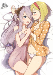 Rule 34 | 10s, 2015, 2girls, bed sheet, black eyes, blonde hair, blue eyes, blush, bow, bow panties, breast press, breasts, chemise, cleavage, covered navel, dated, demon horns, djeeta (granblue fantasy), draph, eye contact, granblue fantasy, hair over one eye, hairband, holding hands, hand on another&#039;s shoulder, highres, horns, large breasts, leg between thighs, long hair, looking at another, lying, multiple girls, narmaya (granblue fantasy), navel, on side, open mouth, pajamas, panties, profile, see-through, short hair, signature, silver hair, smile, underwear, white panties, yuri, yuuzuki (re&#039;ef)