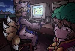 Rule 34 | 2girls, absurdres, blonde hair, bonzibuddy, bow, bowtie, brown eyes, brown hair, chen, chikncheddr, cloud, commentary, computer, dress, english commentary, fox tail, hat, highres, indoors, keyboard (computer), mob cap, mountainous horizon, multiple girls, multiple tails, short hair, tabard, tail, touhou, white dress, yakumo ran, yellow bow, yellow bowtie
