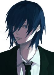 Rule 34 | 1boy, black necktie, black suit, blue eyes, blue hair, chainsaw man, cigarette, earrings, formal, hair between eyes, hayakawa aki, highres, inuo (inuo x), jewelry, male focus, mouth hold, necktie, simple background, smoke, smoking, solo, stud earrings, suit, upper body, white background