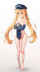 Rule 34 | 1girl, absurdres, barefoot, blonde hair, blue hat, blue sleeves, blush, breasts, closed mouth, commentary, commission, copyright request, covering privates, detached sleeves, english commentary, frilled sleeves, frills, full body, gradient background, grey background, groin, hat, highres, large breasts, long hair, long sleeves, looking at viewer, nude cover, peaked cap, pointy ears, red eyes, sleeves past wrists, solo, standing, twintails, very long hair, white background, wide sleeves, wweed
