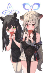 Rule 34 | 2girls, animal ears, black dress, black hair, black jacket, blue archive, blue halo, blush, china dress, chinese clothes, closed mouth, dress, extra ears, green eyes, grey hair, halo, jacket, jamgom, kokona (blue archive), long hair, long sleeves, multicolored hair, multiple girls, open clothes, open jacket, red eyes, short sleeves, shun (blue archive), shun (small) (blue archive), simple background, smile, streaked hair, striped clothes, striped dress, striped jacket, thighhighs, tiger ears, two side up, vertical-striped clothes, vertical-striped dress, vertical-striped jacket, white background, white thighhighs