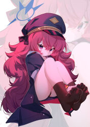 Rule 34 | 1girl, absurdres, ass, black coat, black hat, black socks, blue archive, blue halo, closed mouth, coat, grey eyes, hair between eyes, halo, hat, highres, iroha (blue archive), long hair, long sleeves, looking at viewer, peaked cap, peanut huasheng, red hair, simple background, socks, soles, solo, toes, white background, zoom layer