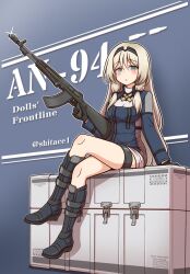 Rule 34 | an-94, an-94 (girls&#039; frontline), assault rifle, blonde hair, blue eyes, blush, boots, commission, commissioner upload, container, crossed legs, girls&#039; frontline, gun, hairband, highres, looking at viewer, rifle, shitacemayo, sitting, skeb commission, weapon