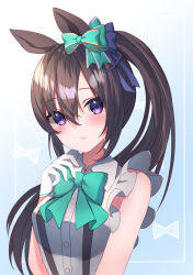 Rule 34 | 1girl, alternate hairstyle, animal ears, astroglia cyte, blue background, blue bow, blue ribbon, blush, bow, closed mouth, collared shirt, commentary request, dress shirt, ear bow, gloves, gradient background, green bow, hair between eyes, hair bow, hair ribbon, half gloves, hand up, highres, horse ears, long hair, looking at viewer, mejiro dober (umamusume), ponytail, purple eyes, ribbon, shirt, sleeveless, sleeveless shirt, solo, umamusume, upper body, very long hair, white background, white gloves, white shirt
