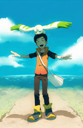 Rule 34 | 00s, 1boy, :d, bag, cloud, day, digimon, digimon (creature), digimon tamers, happy, li jianliang, on head, open mouth, outdoors, outstretched arms, sky, smile, t k g, terriermon, vest, water