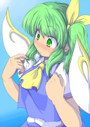 Rule 34 | 1girl, ascot, blush, bow, daiyousei, embarrassed, eruichi (redphantom), fairy wings, green eyes, green hair, hair bow, twirling hair, matching hair/eyes, short hair, side ponytail, solo, touhou, wings
