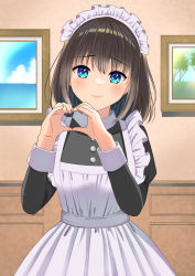 Rule 34 | 1girl, apron, black dress, blue eyes, blush, bob cut, brown hair, closed mouth, dress, hands up, heart, heart hands, highres, indoors, long sleeves, looking at viewer, maid, maid apron, maid headdress, original, painting (object), pechi (peeechika), short hair, smile, solo, standing, white apron