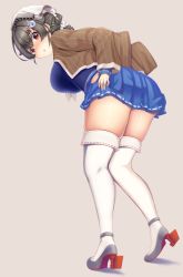 Rule 34 | 1girl, absurdres, ameche, ass, black hair, blue sailor collar, blue skirt, blush, breasts, brown jacket, full body, hair flaps, hair ornament, hairclip, highres, jacket, jingei (kancolle), kantai collection, large breasts, long hair, long sleeves, open mouth, pleated skirt, red eyes, sailor collar, shadow, shoes, short hair, simple background, skirt, solo, thighhighs, white neckwear, white thighhighs