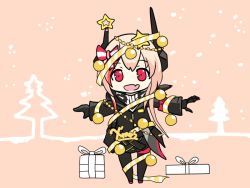 Rule 34 | 1girl, :d, black scarf, blonde hair, bow, chibi, christmas, christmas ornaments, christmas tree, fang, gift, girls&#039; frontline, hakokon, happy, headgear, long hair, m4 sopmod ii (girls&#039; frontline), multicolored hair, open mouth, outstretched arms, pink hair, red eyes, ribbon, scarf, smile, solo, star (symbol), streaked hair, t-pose, yellow ribbon