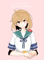 Rule 34 | 1girl, 2019, ahoge, animal, bandaid, bandaid on arm, bandaid on cheek, bandaid on face, blue neckerchief, blush, breasts, brown hair, collarbone, crab, crab on shoulder, cropped torso, dated, elbow pads, green sailor collar, hair between eyes, hiro (srso4 ), jewelry, kantai collection, looking at viewer, neckerchief, oboro (kancolle), orange hair, orange scrunchie, ring, sailor collar, school uniform, scrunchie, serafuku, short hair, short sleeves, simple background, solo, sparkle, translation request, wedding band, wrist scrunchie
