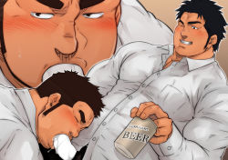 Rule 34 | 2boys, bara, beer can, black hair, blank censor, blush, brown hair, can, censored, close-up, couple, cum, cum in mouth, drink can, erection, facial hair, fellatio, goatee, highres, large pectorals, male focus, manly, multiple boys, muscular, one eye closed, oral, original, pectorals, penis, shirt, short hair, sideburns, terujirou (masateruteru), thick eyebrows, upper body, white shirt, yaoi
