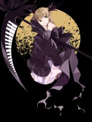 Rule 34 | 1girl, black dress, black gloves, black ribbon, blonde hair, caddy cyd, dress, elbow gloves, full moon, gloves, green eyes, hair ribbon, head rest, highres, holding, holding scythe, holding weapon, instrument, layered dress, looking to the side, maka albarn, moon, night, night sky, piano, piano keys, ribbon, scythe, sky, soul eater, twintails, weapon