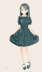 1girl black_dress black_shoes bow child curtsey dated dress female_focus full_body grey_background hair_bow highres kokudou_juunigou long_hair looking_at_viewer mary_janes original puffy_short_sleeves puffy_sleeves shoes short_sleeves simple_background smile socks solo standing white_bow