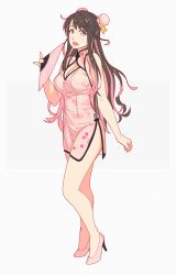 Rule 34 | 1girl, black hair, breasts, bun cover, china dress, chinese clothes, cleavage cutout, clothing cutout, double bun, dress, fang, folding fan, full body, grey background, hair bun, hand fan, high heels, highres, kantai collection, large breasts, long hair, looking at viewer, multicolored hair, naganami (kancolle), open mouth, pink dress, pink footwear, pink hair, simple background, solo, standing, two-tone hair, white background, yuuji (and)