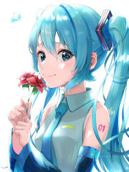 Rule 34 | 1girl, absurdres, backlighting, black sleeves, blue eyes, blue hair, blue necktie, closed mouth, collared shirt, commentary request, detached sleeves, flower, grey shirt, happy, hatsune miku, headset, highres, holding, holding flower, long hair, long sleeves, looking at viewer, necktie, shirt, sleeveless, sleeveless shirt, smile, tatyaoekaki, twintails, upper body, very long hair, vocaloid, wide sleeves